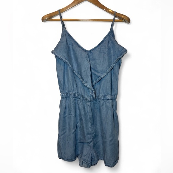 Seafolly Blue‎ Chambray Adjustable Strap Frill Fringed Romper Women Medium - Picture 1 of 6